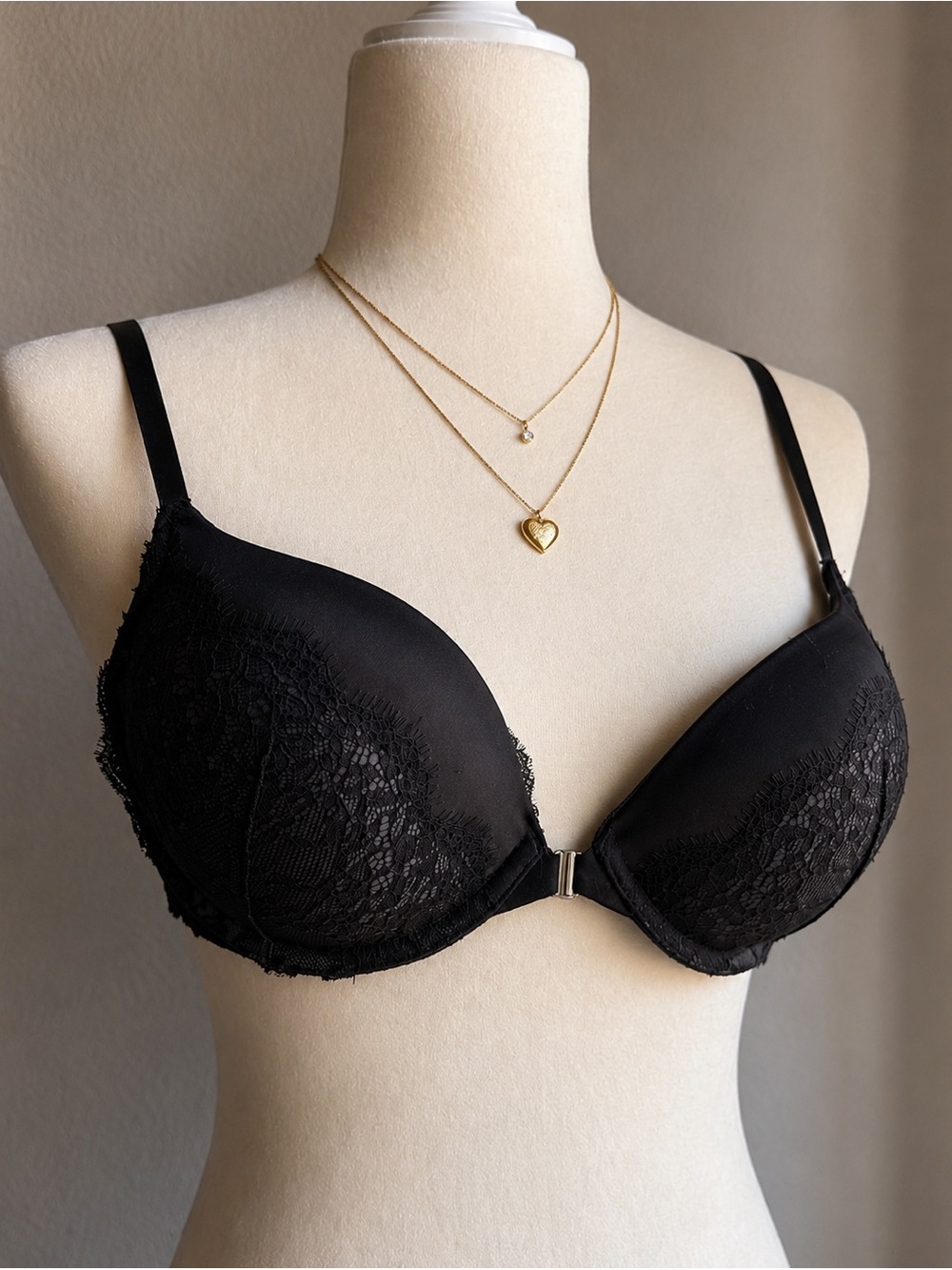 Victoria’s Secret Black Lace Plunge Bra | Front Closure | Lace-Up Mesh Back |34C